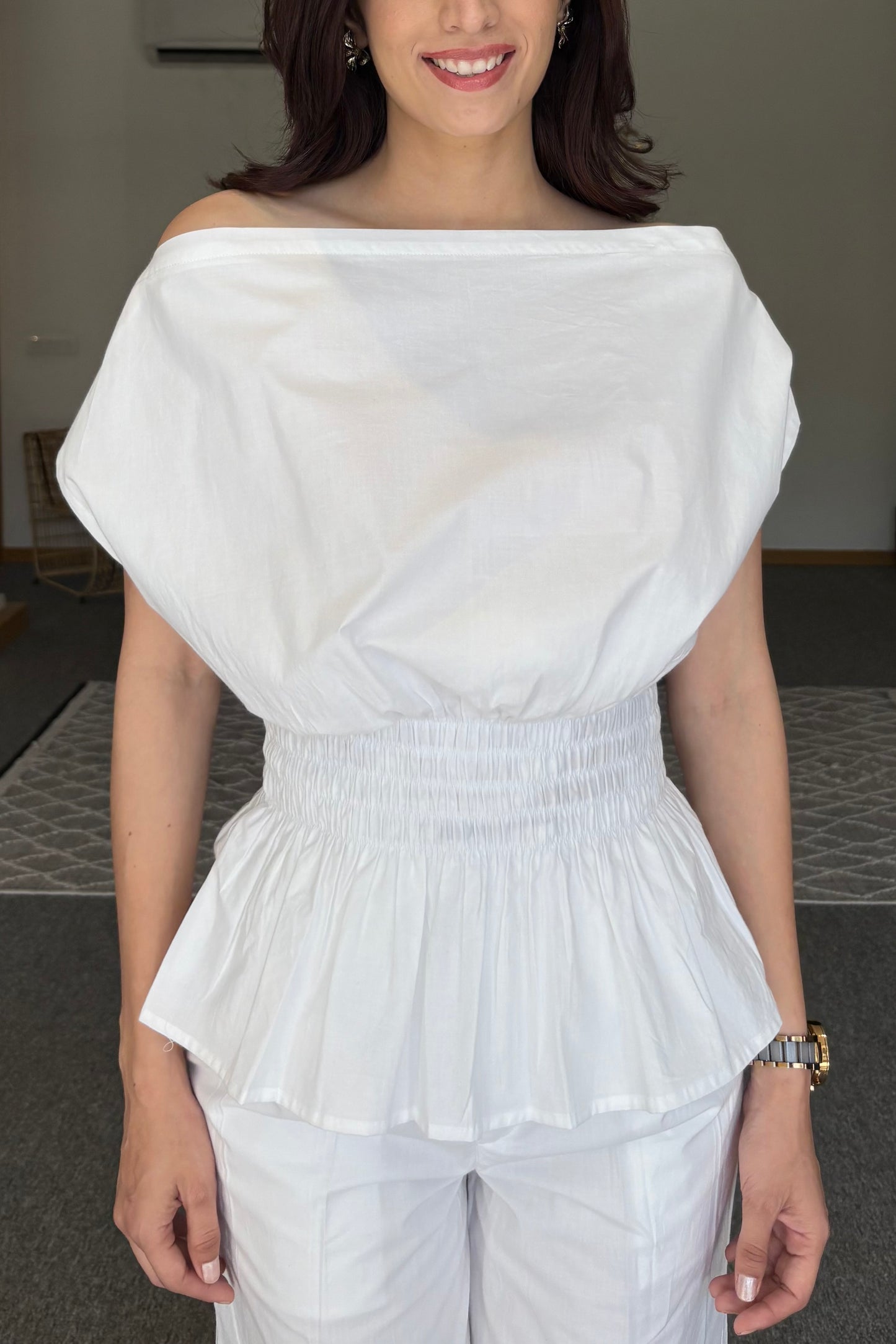 White drop shoulder top