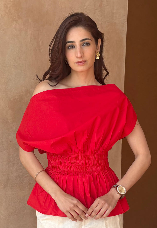 Red drop shoulder top