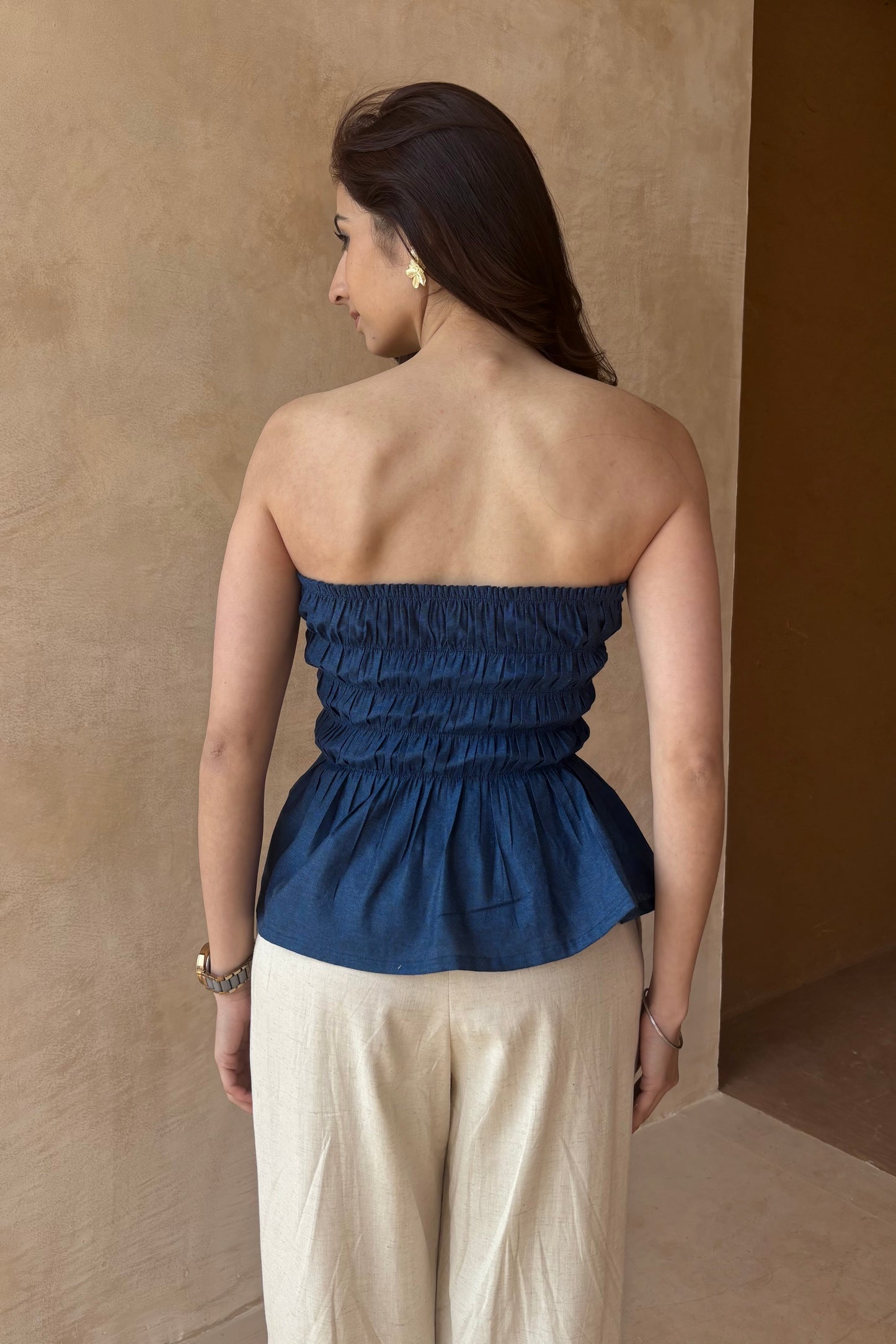 Cotton denim smocked top