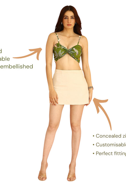 Green printed bandeau & linen skirt