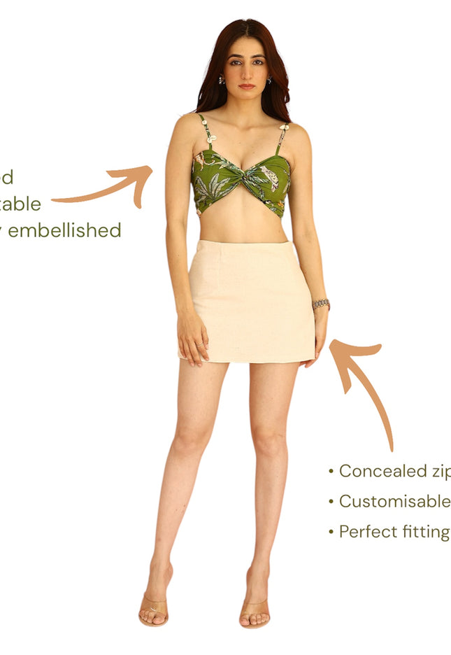 Green printed bandeau & linen skirt