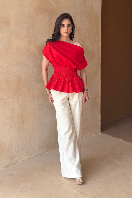Red drop shoulder top
