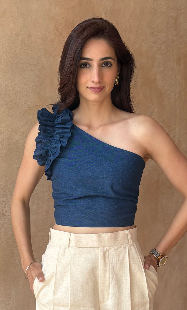 Cotton denim frilled top