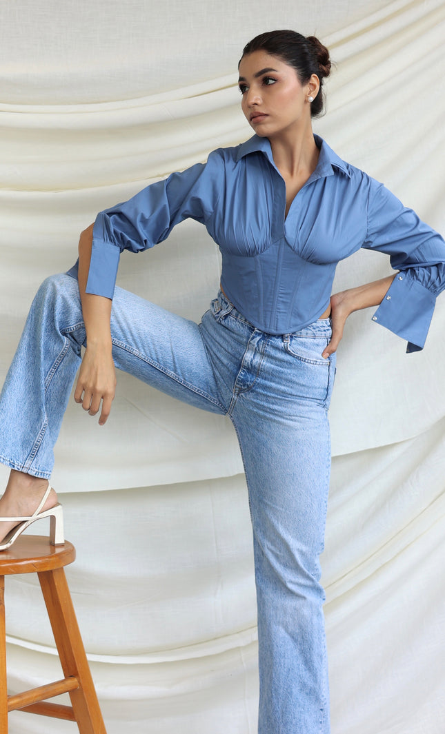 Blue collared boned corset shirt