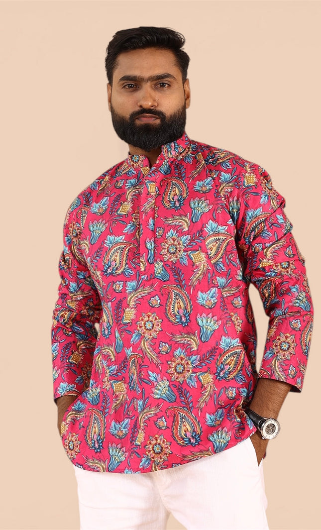 Pink printed men straight kurta