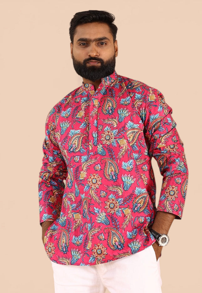 Pink printed men straight kurta