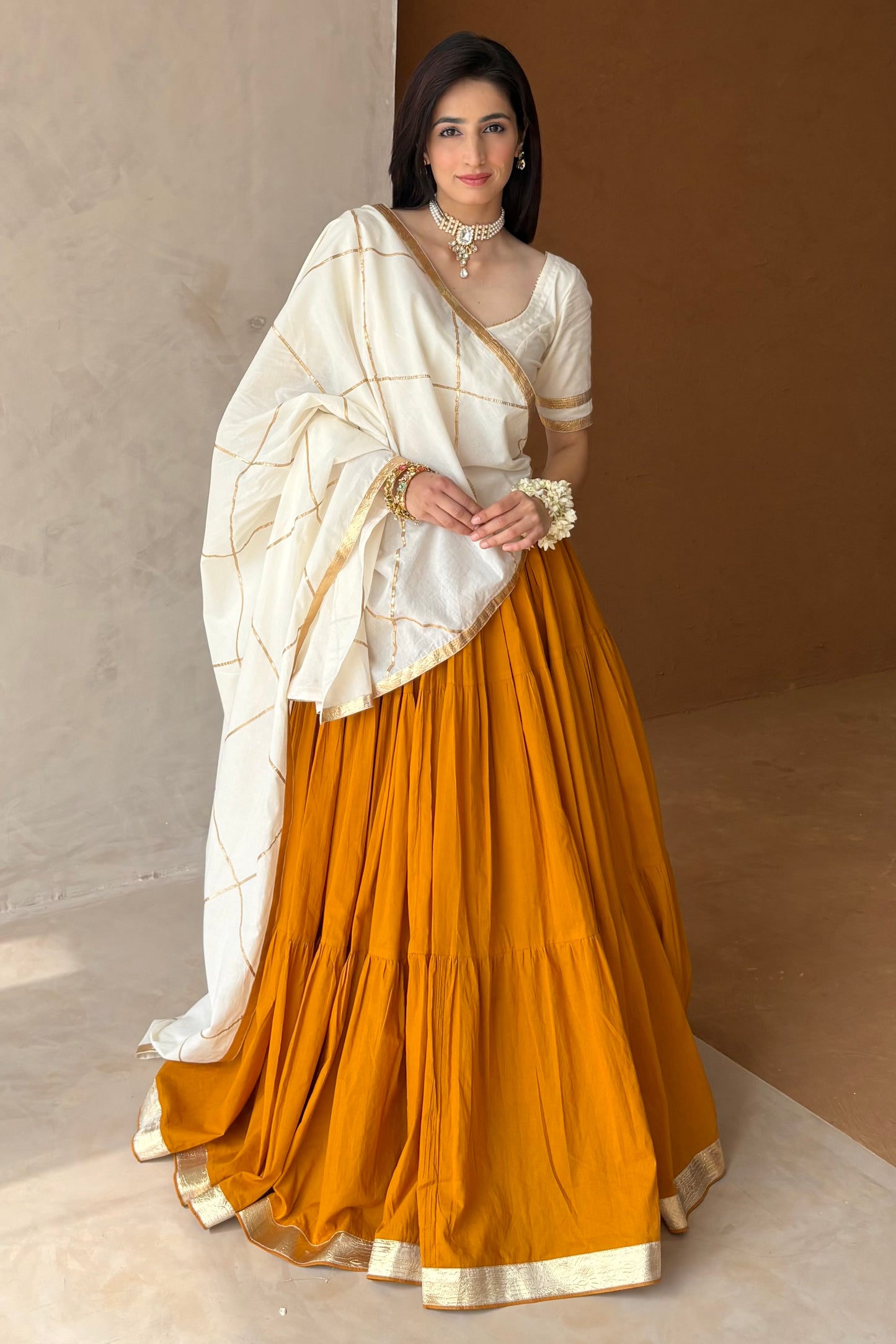 Mustard & off white lehenga set