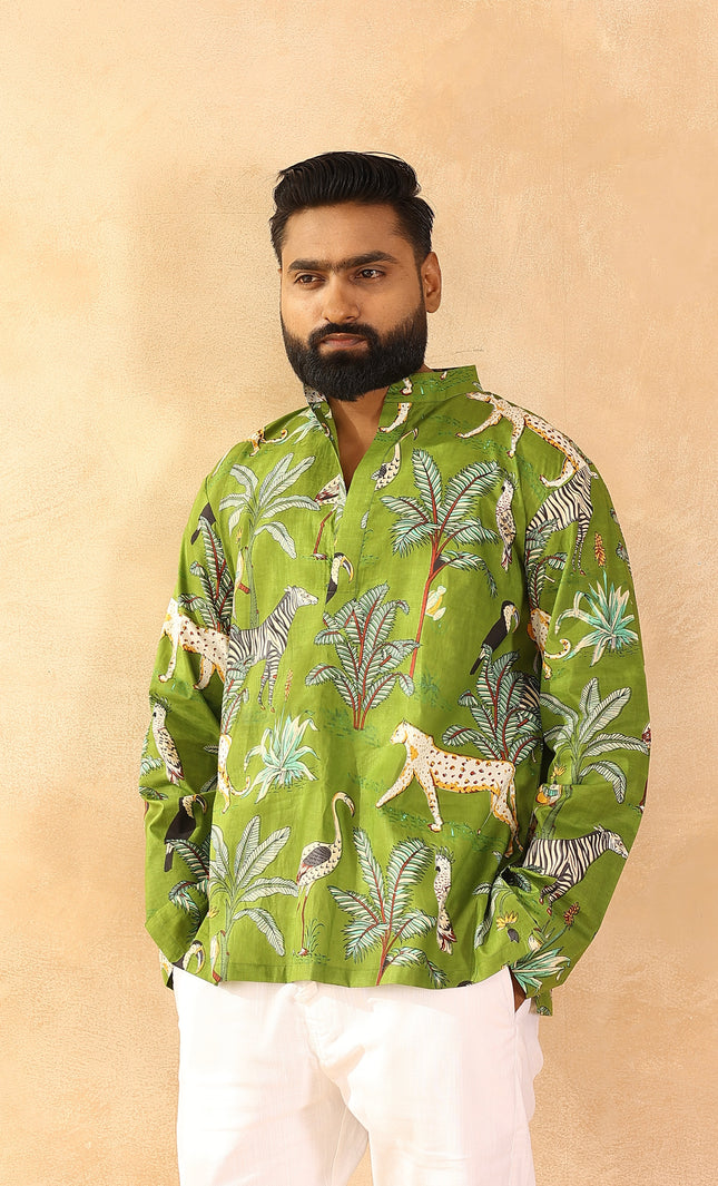 Green printed men straight kurta