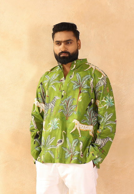 Green printed men straight kurta