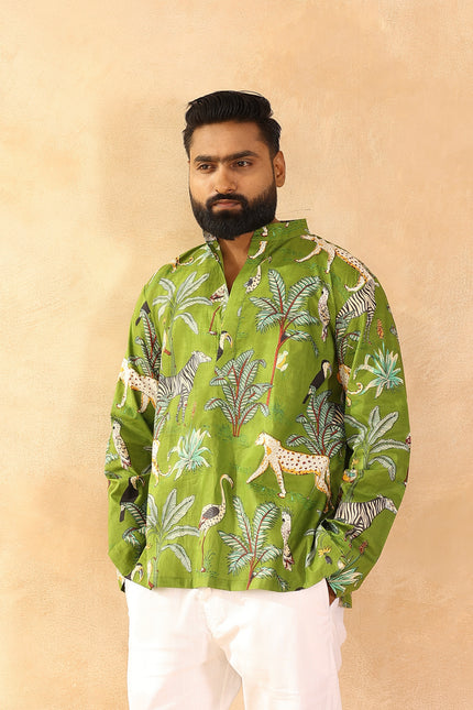 Green printed men straight kurta