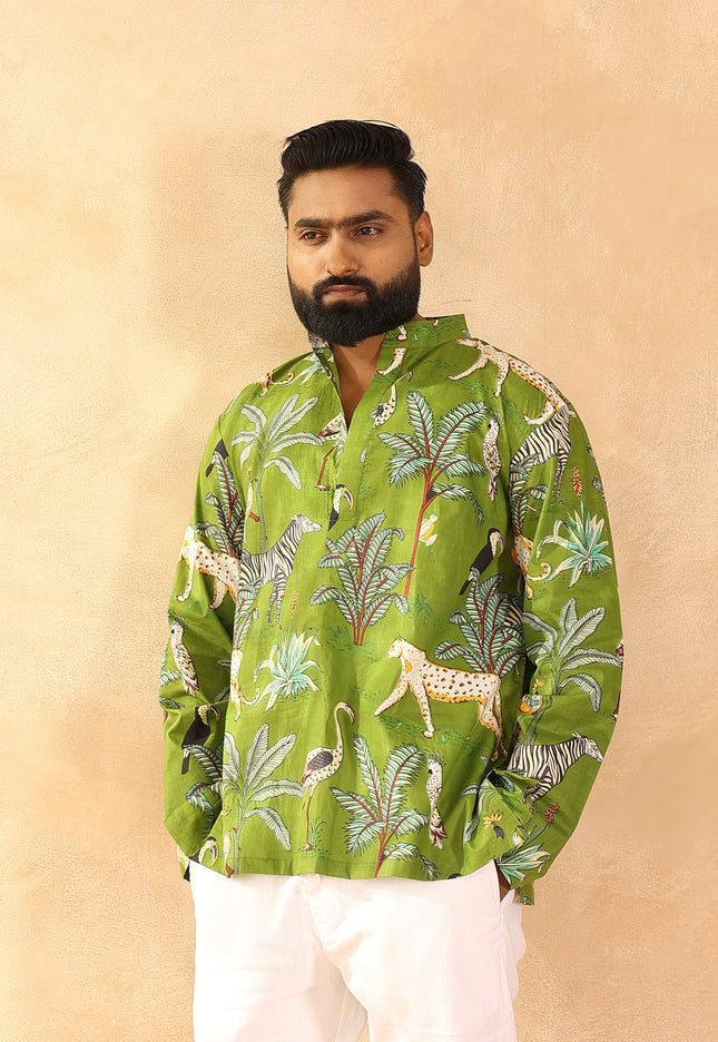 Green printed men straight kurta