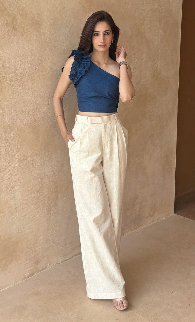 Tailored pants + cotton denim top