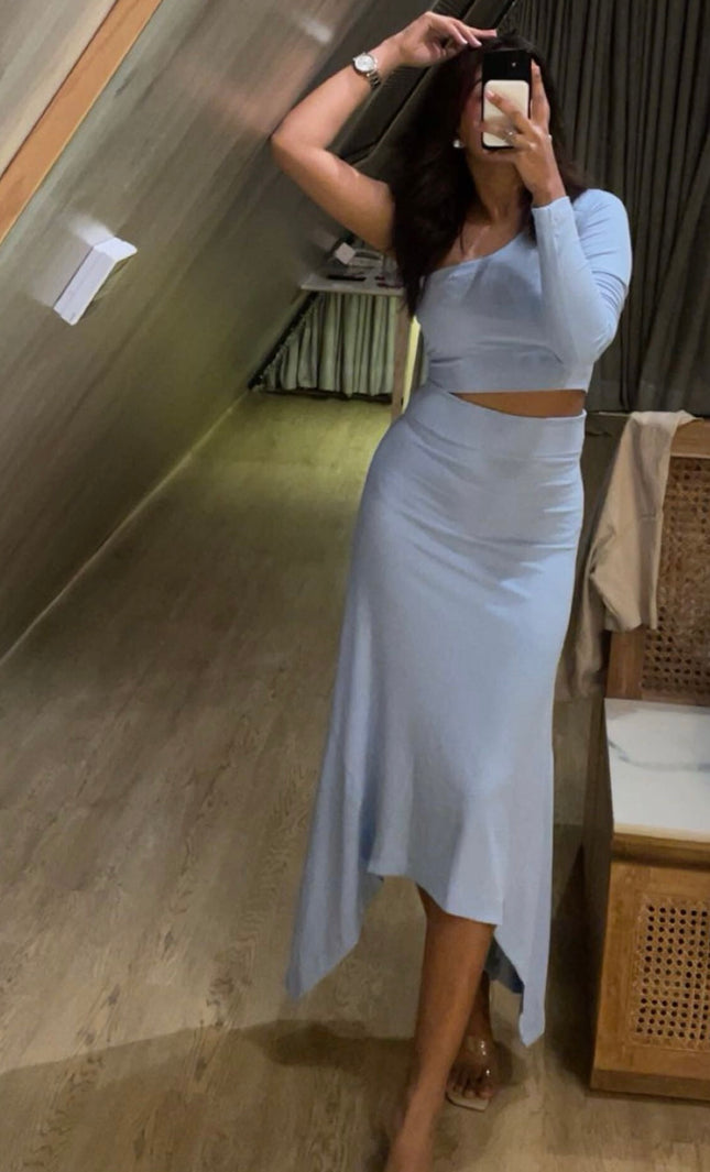 Powder blue skirt and one shoulder top