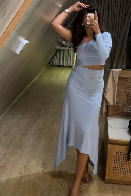 Powder blue skirt and one shoulder top