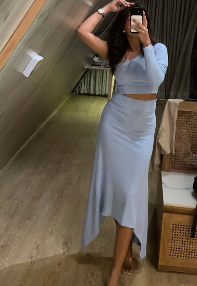 Powder blue skirt and one shoulder top