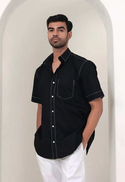Regular fit solid cotton black shirt