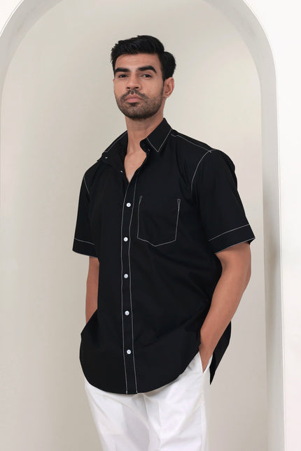 Regular fit solid cotton black shirt