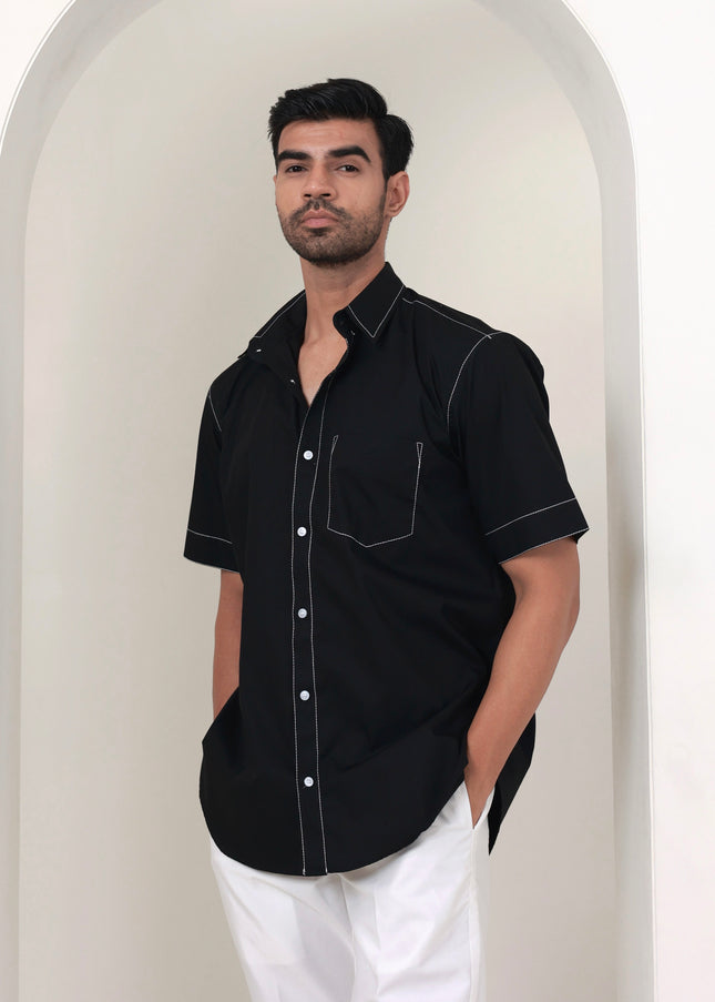 Regular fit solid cotton black shirt