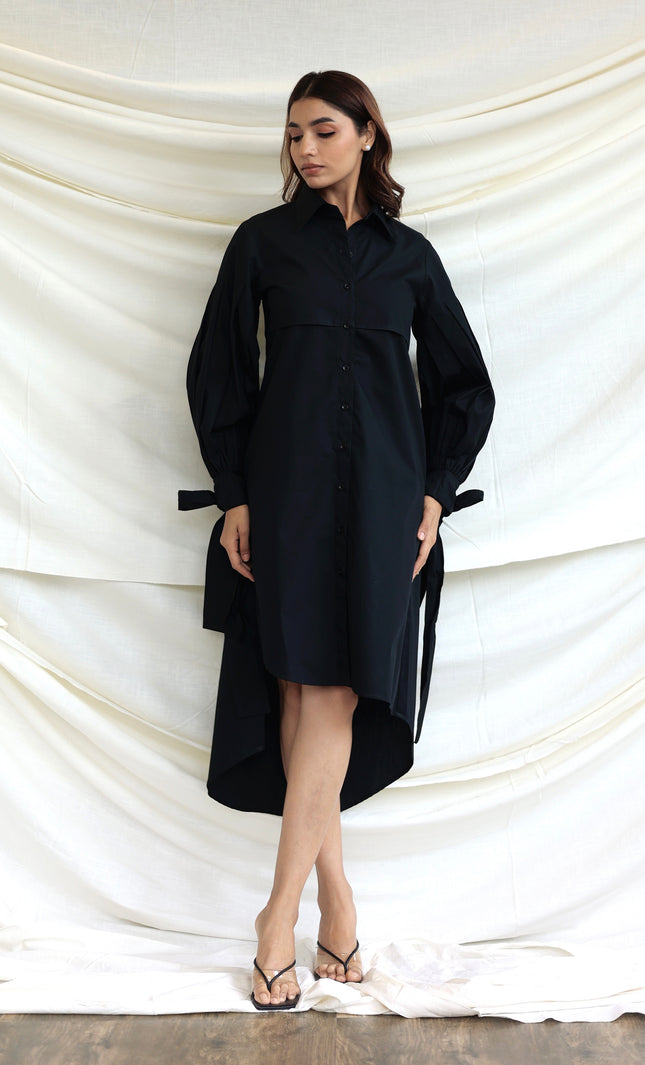 Black button through midi shirt dress