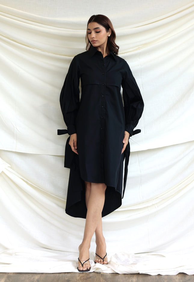 Black button through midi shirt dress