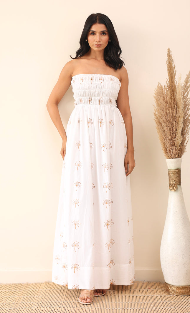 White cotton printed maxi dress