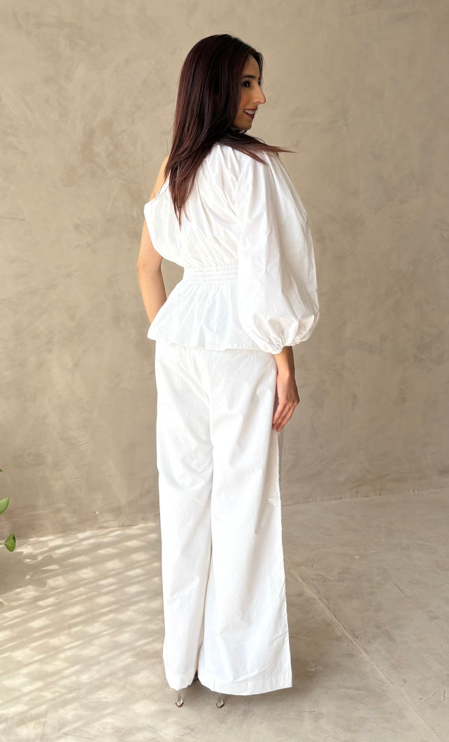 Cotton white pants & one shoulder top