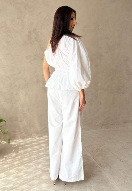 Cotton white pants & one shoulder top