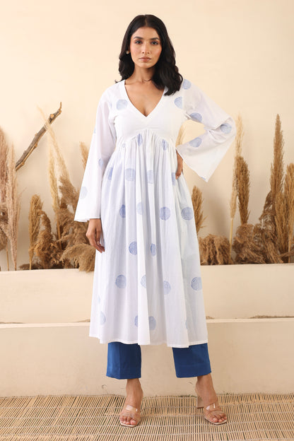 V-neck gathered cotton suit set