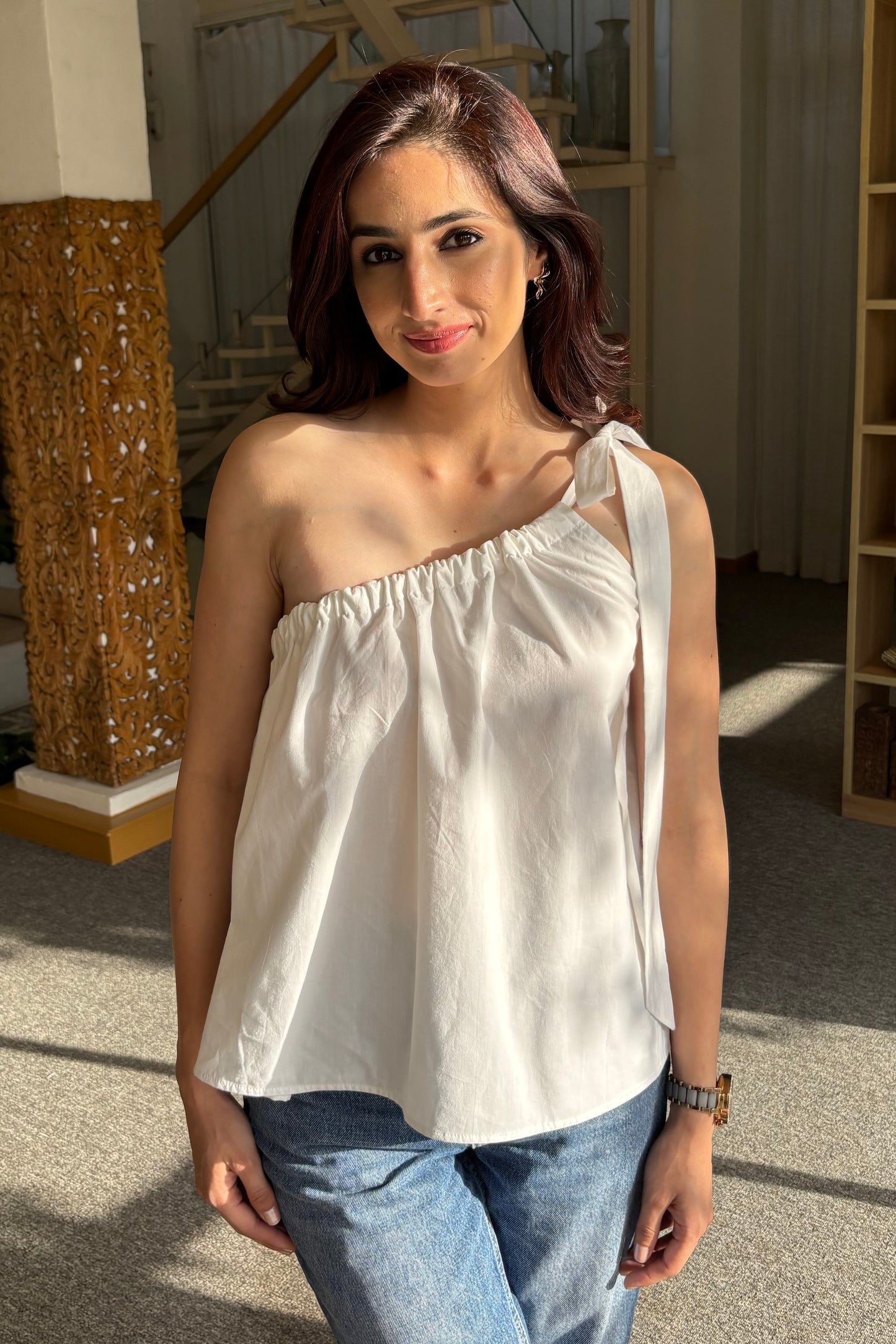 One shoulder tie up top