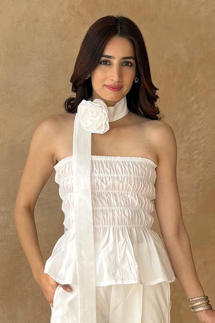 White cotton smocked top