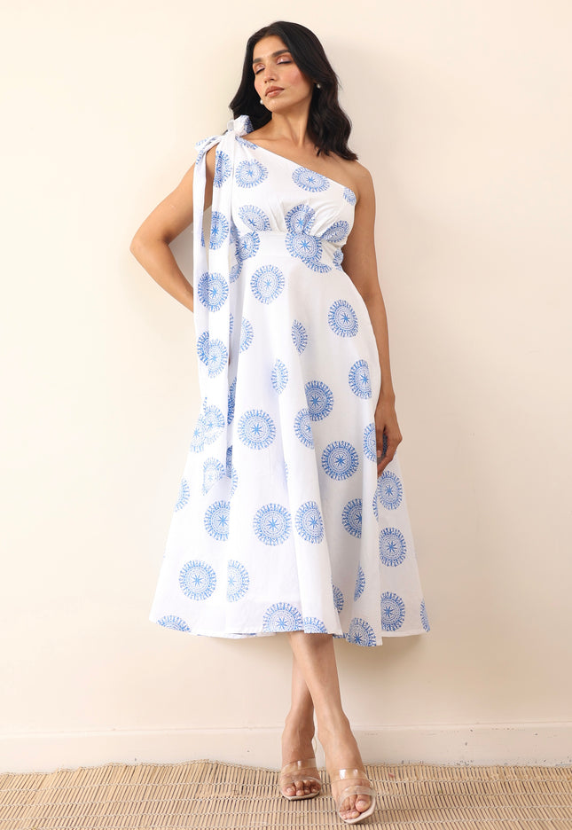 Printed one shoulder long tie-up midi dress