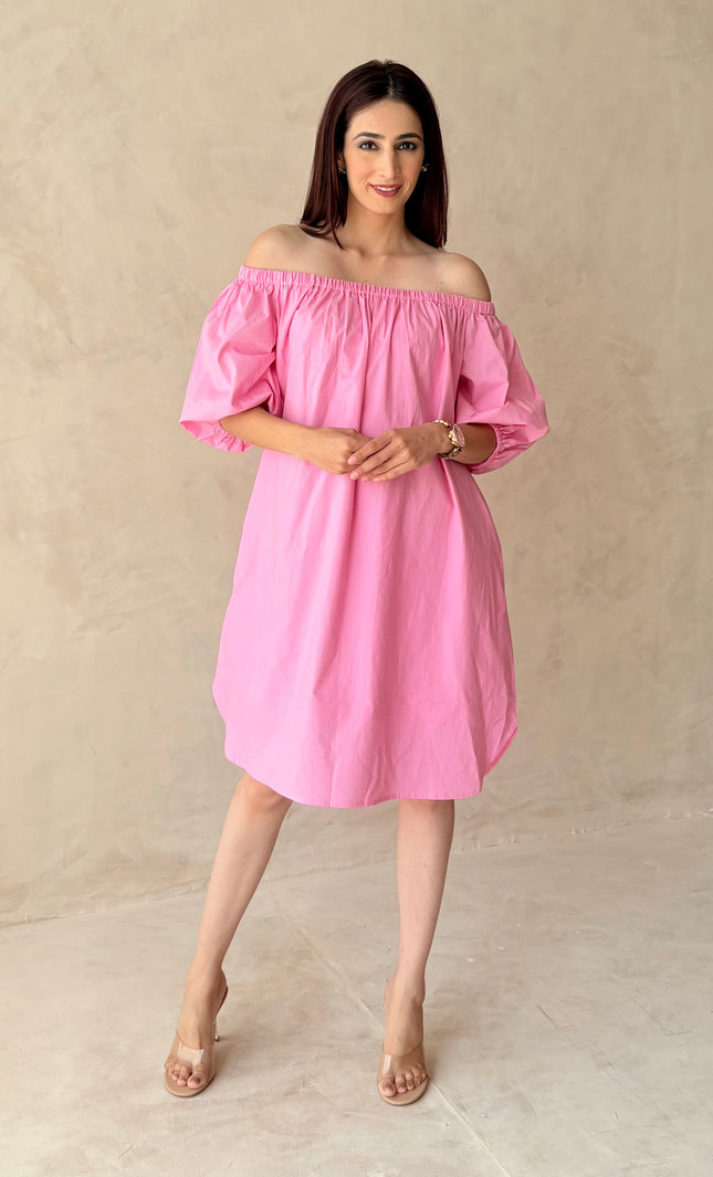 Baby pink off shoulder cotton dress