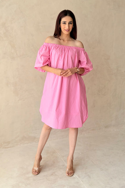Baby pink off shoulder cotton dress