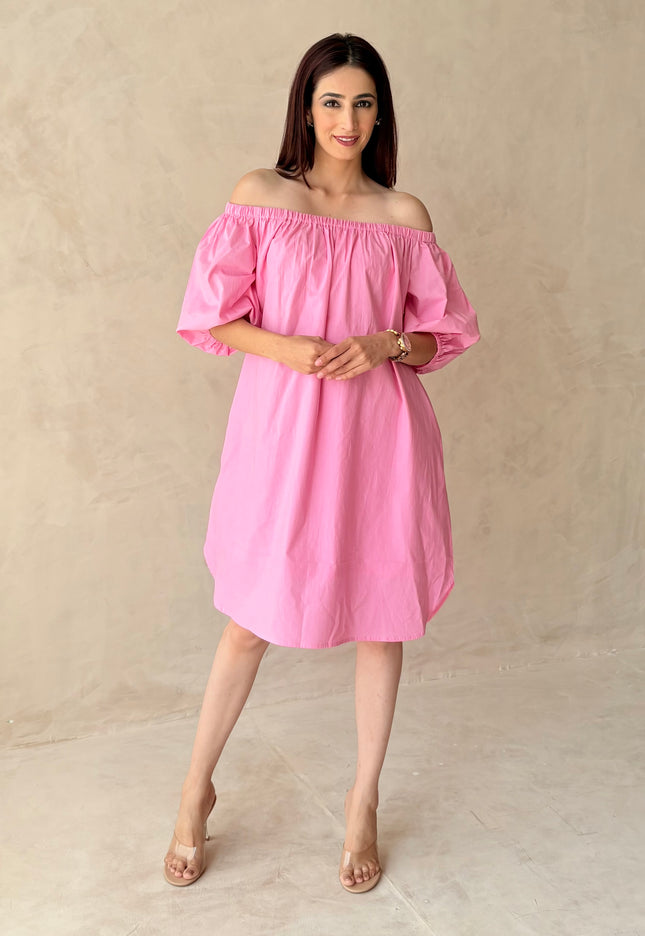 Baby pink off shoulder cotton dress