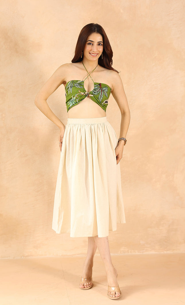 Green printed bralette + midi skirt