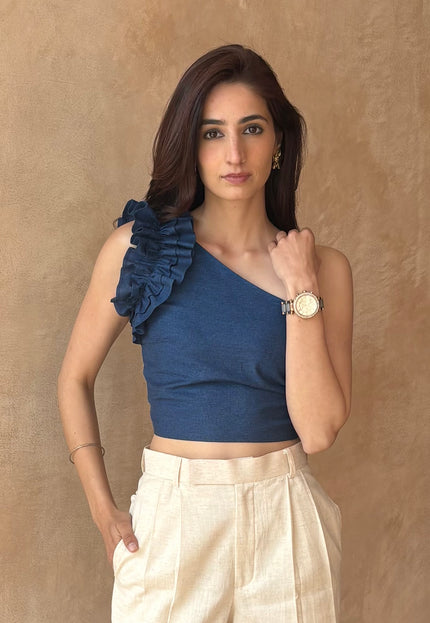 Cotton denim frilled top