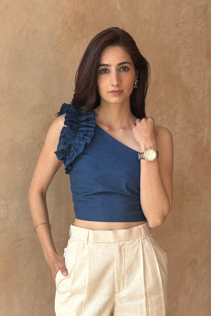 Cotton denim frilled top