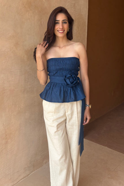 Cotton denim smocked top