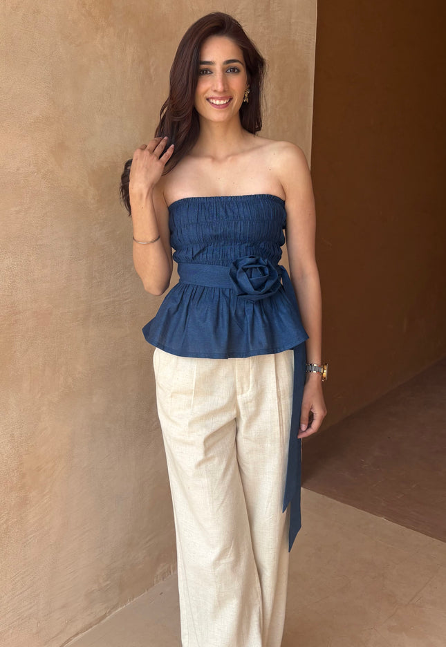 Cotton denim smocked top