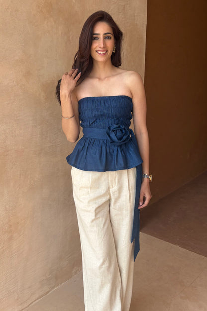 Cotton denim smocked top