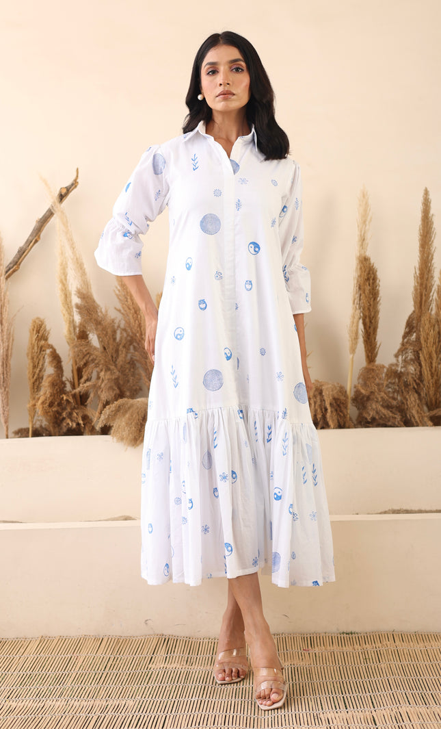 White cotton printed midi dress