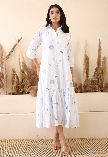 White cotton printed midi dress