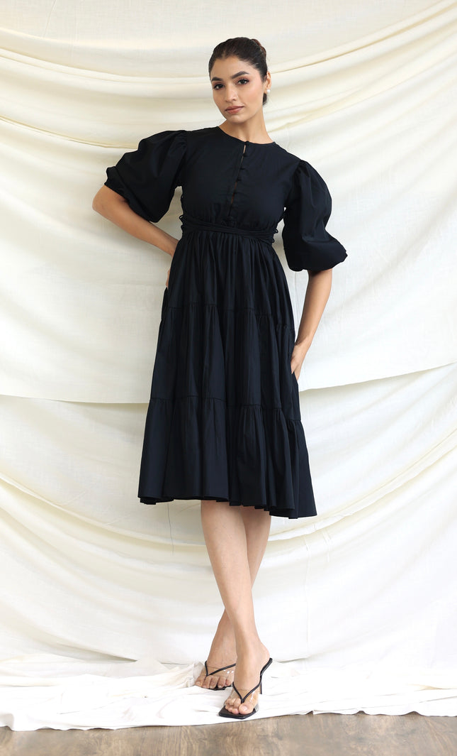 Black round neck tiered midi dress
