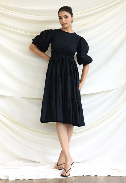 Black round neck tiered midi dress