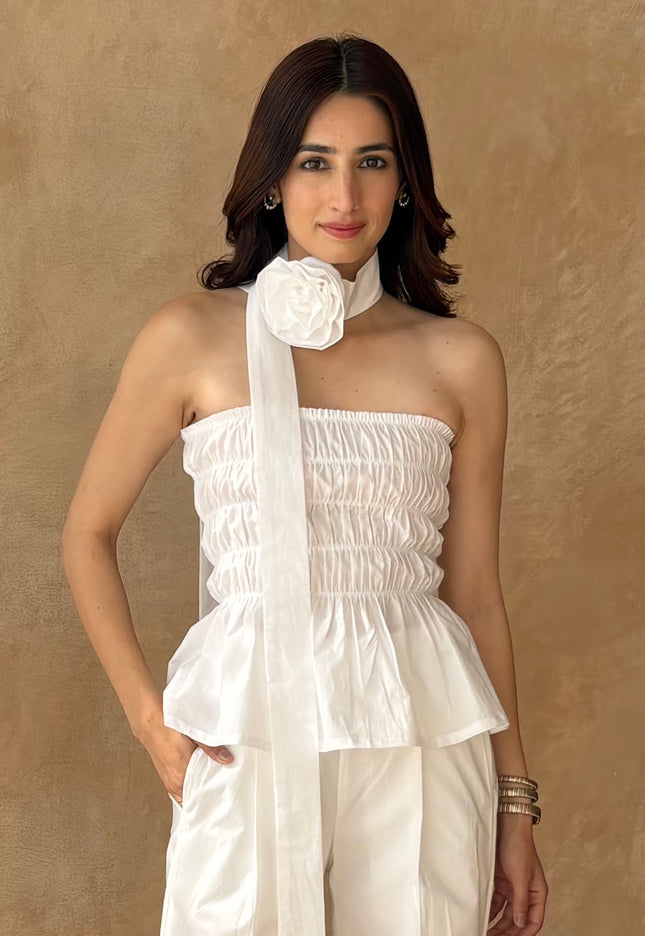 White cotton smocked top