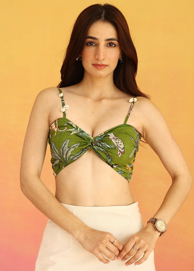 Green printed bandeau & linen skirt