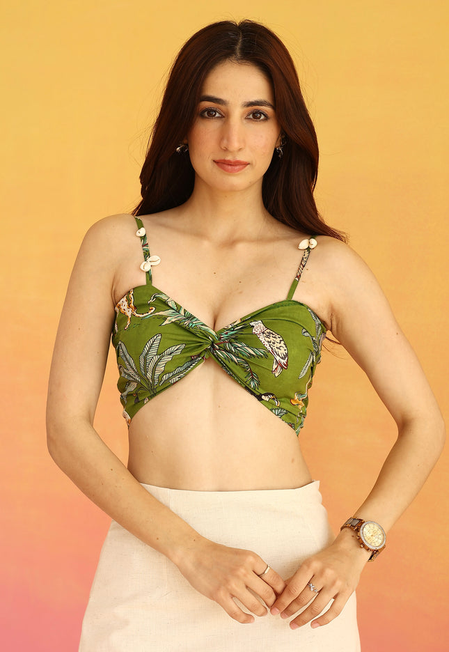 Green printed bandeau & linen skirt