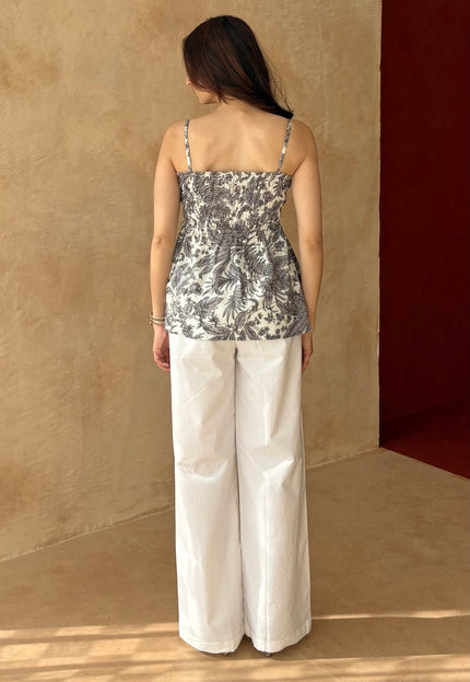 White pants + printed peplum top