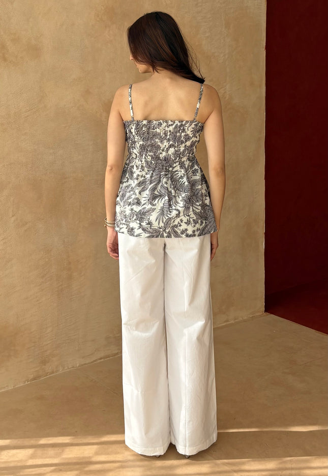 White pants + printed peplum top