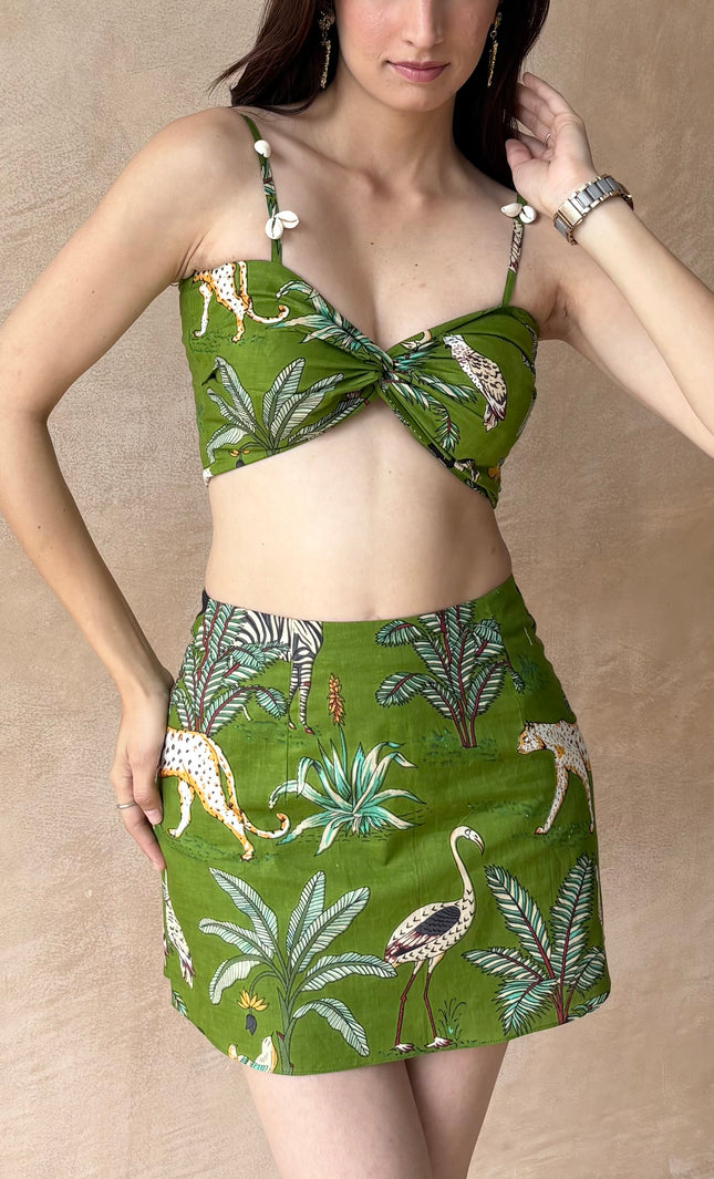 Green printed skirt + bandeau top